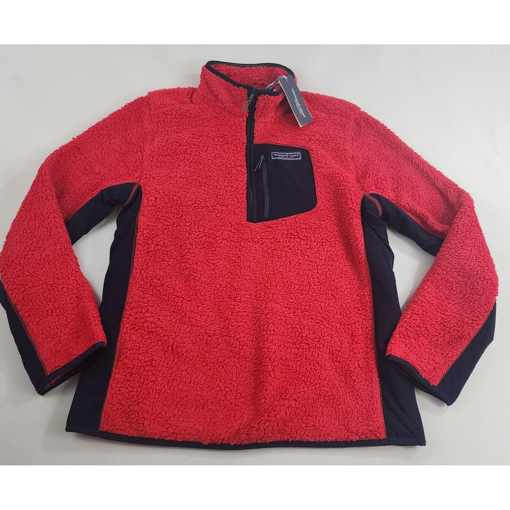 Vineyard Vines Mens Red Sherpa Fleece 1/2 Zip Sweatshirt Pullover Medium NEW